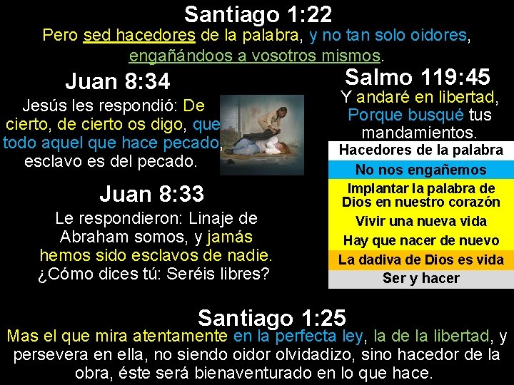 Santiago 1: 22 Pero sed hacedores de la palabra, y no tan solo oidores, Santiago 1: 22 Pero sed hacedores de la palabra, y no tan solo oidores,