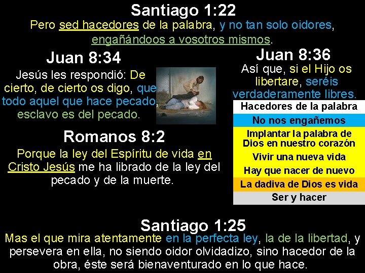Santiago 1: 22 Pero sed hacedores de la palabra, y no tan solo oidores, Santiago 1: 22 Pero sed hacedores de la palabra, y no tan solo oidores,