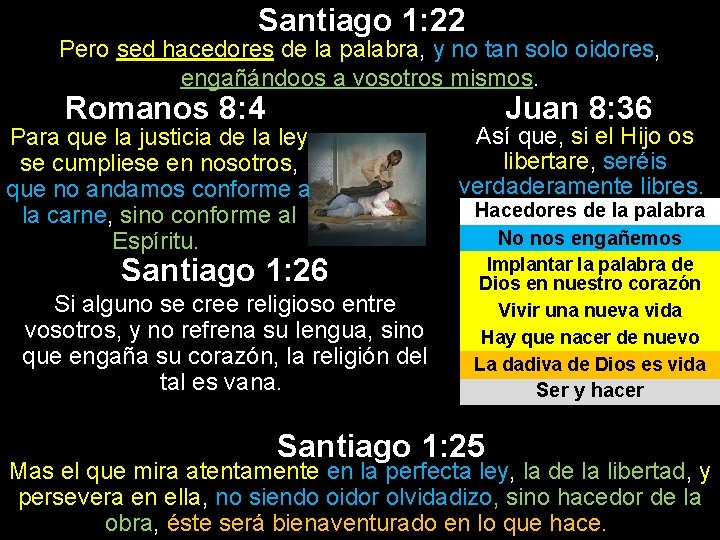 Santiago 1: 22 Pero sed hacedores de la palabra, y no tan solo oidores, Santiago 1: 22 Pero sed hacedores de la palabra, y no tan solo oidores,