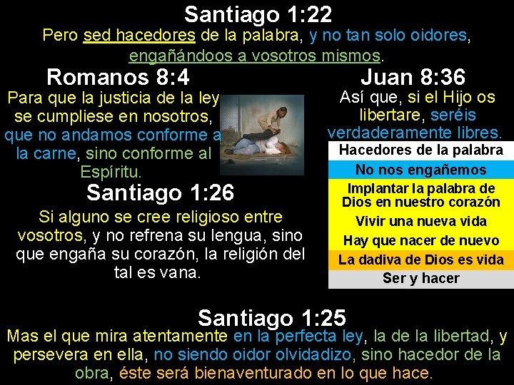 Santiago 1: 22 Pero sed hacedores de la palabra, y no tan solo oidores, Santiago 1: 22 Pero sed hacedores de la palabra, y no tan solo oidores,