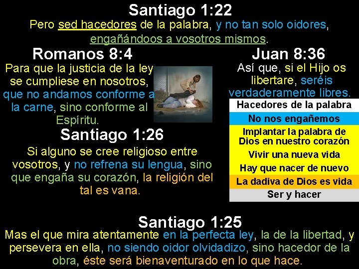Santiago 1: 22 Pero sed hacedores de la palabra, y no tan solo oidores, Santiago 1: 22 Pero sed hacedores de la palabra, y no tan solo oidores,
