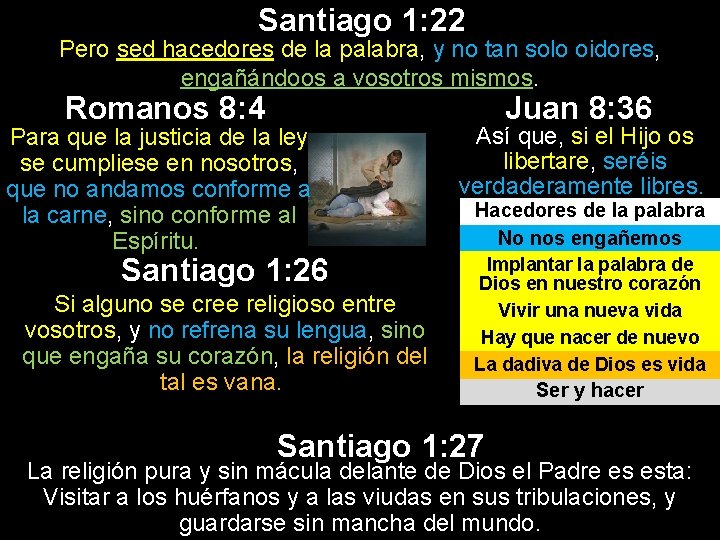 Santiago 1: 22 Pero sed hacedores de la palabra, y no tan solo oidores, Santiago 1: 22 Pero sed hacedores de la palabra, y no tan solo oidores,