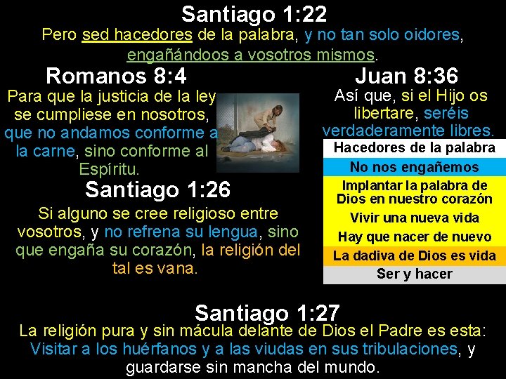Santiago 1: 22 Pero sed hacedores de la palabra, y no tan solo oidores, Santiago 1: 22 Pero sed hacedores de la palabra, y no tan solo oidores,
