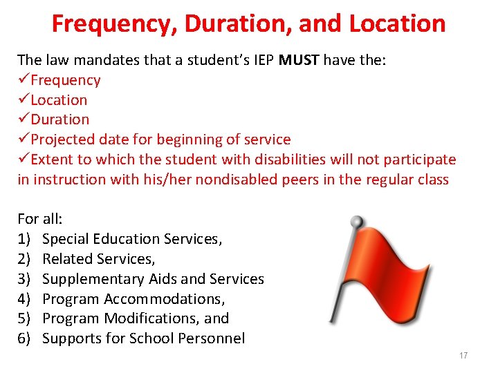 Frequency, Duration, and Location The law mandates that a student’s IEP MUST have the: