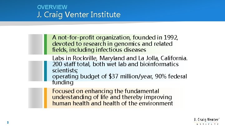 OVERVIEW J. Craig Venter Institute A not-for-profit organization, founded in 1992, devoted to research