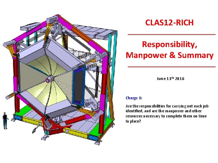 CLAS 12 -RICH Responsibility, Manpower & Summary June 13 th 2016 Charge 6: Are