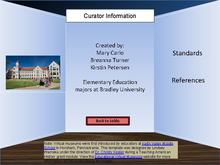 Name of Museum Curator Information Created by: Mary Carlo Breanna Turner Kirstin Petersen Elementary