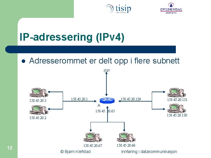 IP-adressering (IPv 4) l Adresserommet er delt opp i flere subnett ISP 158. 45.