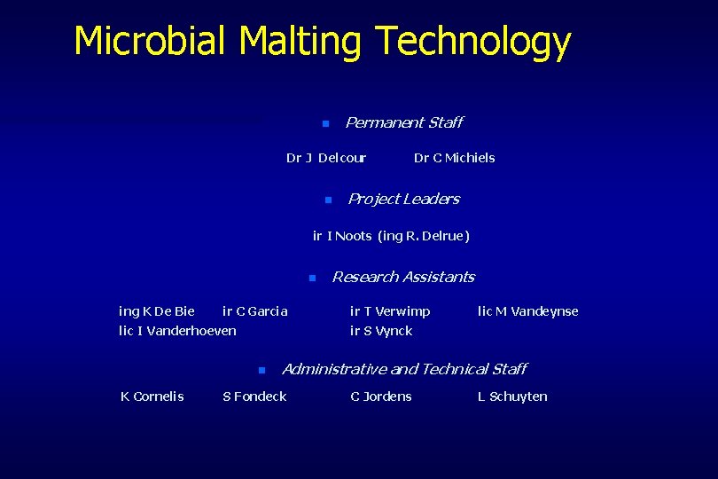 Microbial Malting Technology Permanent Staff n Dr J Delcour n Dr C Michiels Project