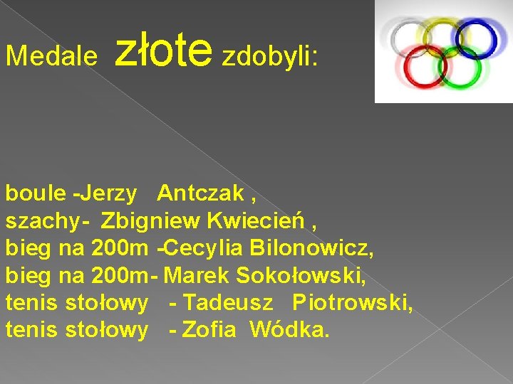 Medale złote zdobyli: boule -Jerzy Antczak , szachy- Zbigniew Kwiecień , bieg na 200
