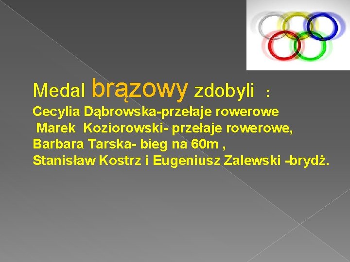 Medal brązowy zdobyli : Cecylia Dąbrowska-przełaje rowe Marek Koziorowski- przełaje rowe, Barbara Tarska- bieg