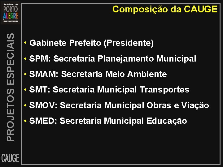 PROJETOS ESPECIAIS Composição da CAUGE • Gabinete Prefeito (Presidente) • SPM: Secretaria Planejamento Municipal