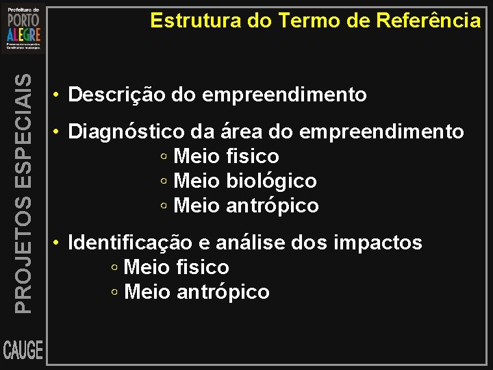 PROJETOS ESPECIAIS Estrutura do Termo de Referência • Descrição do empreendimento • Diagnóstico da