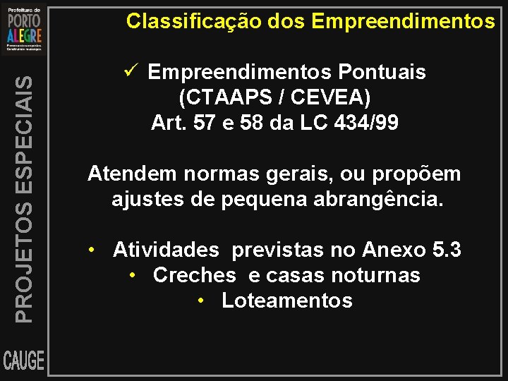 PROJETOS ESPECIAIS Classificação dos Empreendimentos Pontuais (CTAAPS / CEVEA) Art. 57 e 58 da