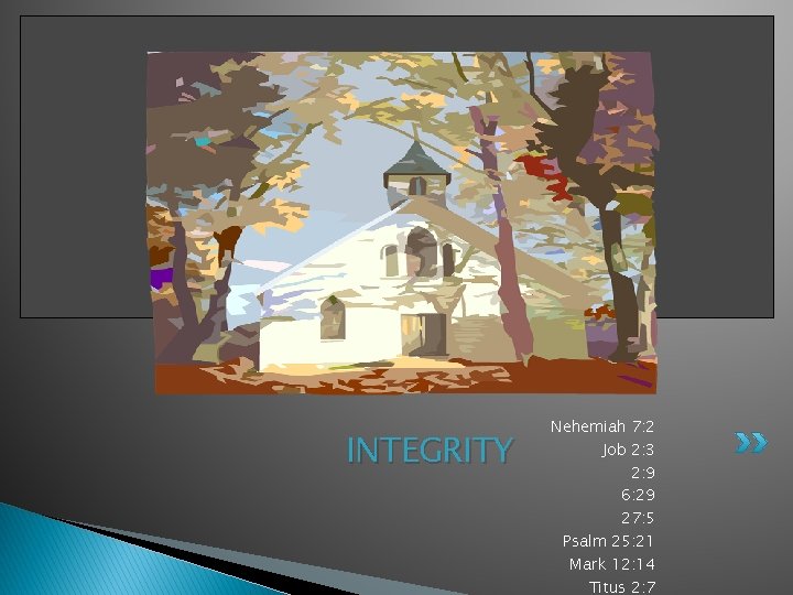 INTEGRITY Nehemiah 7: 2 Job 2: 3 2: 9 6: 29 27: 5 Psalm