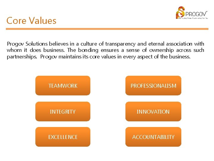 Core Values Progov Solutions believes in a culture of transparency and eternal association with