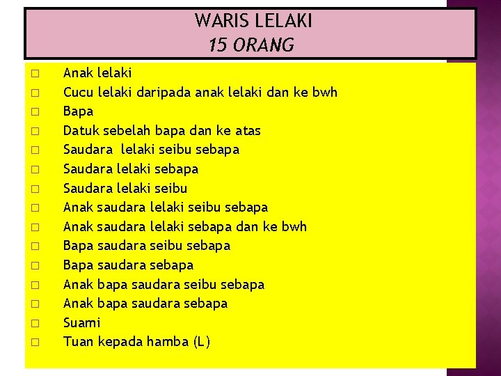 WARIS LELAKI 15 ORANG � � � � Anak lelaki Cucu lelaki daripada anak