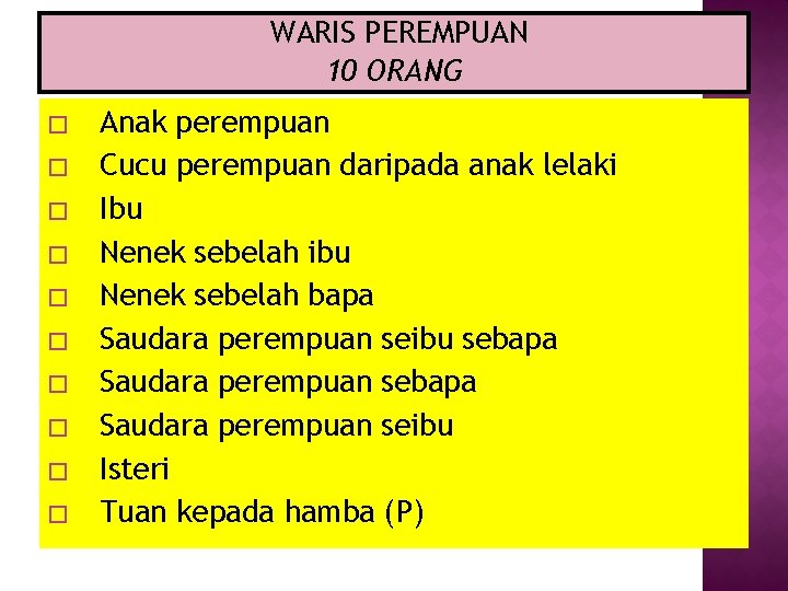 WARIS PEREMPUAN 10 ORANG � � � � � Anak perempuan Cucu perempuan daripada