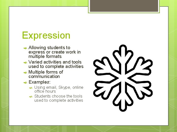 Expression Allowing students to express or create work in multiple formats Varied activities and
