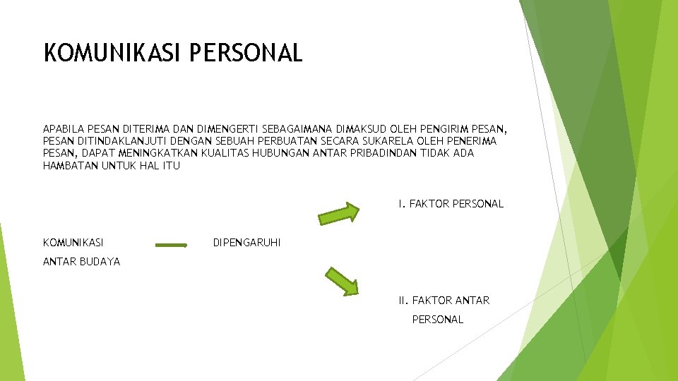 KOMUNIKASI PERSONAL APABILA PESAN DITERIMA DAN DIMENGERTI SEBAGAIMANA DIMAKSUD OLEH PENGIRIM PESAN, PESAN DITINDAKLANJUTI