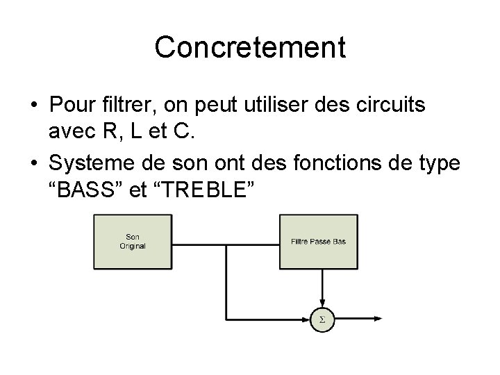 Concretement • Pour filtrer, on peut utiliser des circuits avec R, L et C.