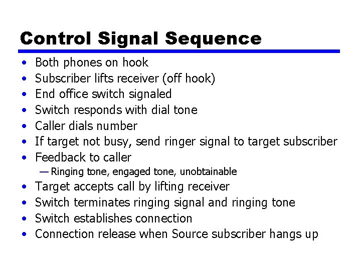 Control Signal Sequence • • Both phones on hook Subscriber lifts receiver (off hook)