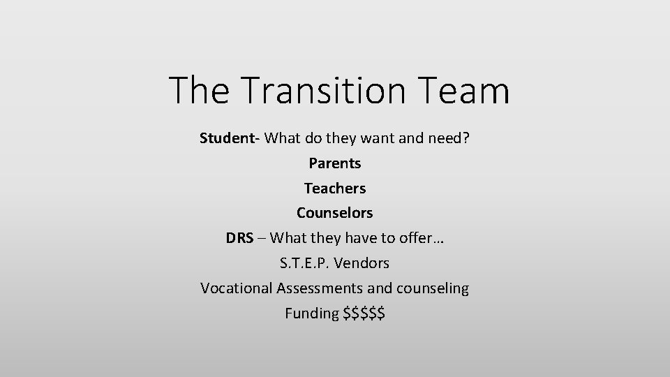 The Transition Team Student- What do they want and need? Parents Teachers Counselors DRS The Transition Team Student- What do they want and need? Parents Teachers Counselors DRS