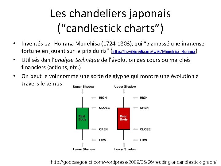 Les chandeliers japonais (“candlestick charts”) • Inventés par Homma Munehisa (1724 -1803), qui “a