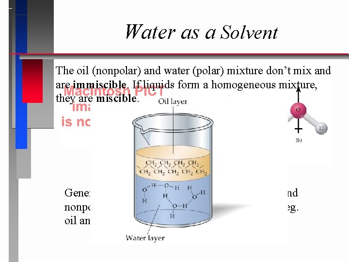 Water as a Solvent The oil (nonpolar) and water (polar) mixture don’t mix and