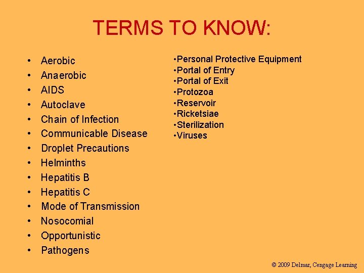 TERMS TO KNOW: • • • • Aerobic Anaerobic AIDS Autoclave Chain of Infection