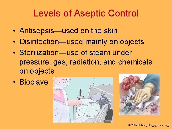 Levels of Aseptic Control • Antisepsis—used on the skin • Disinfection—used mainly on objects