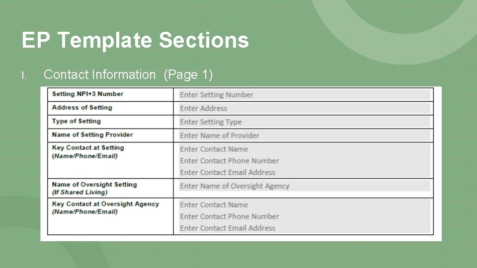 EP Template Sections I. Contact Information (Page 1) 