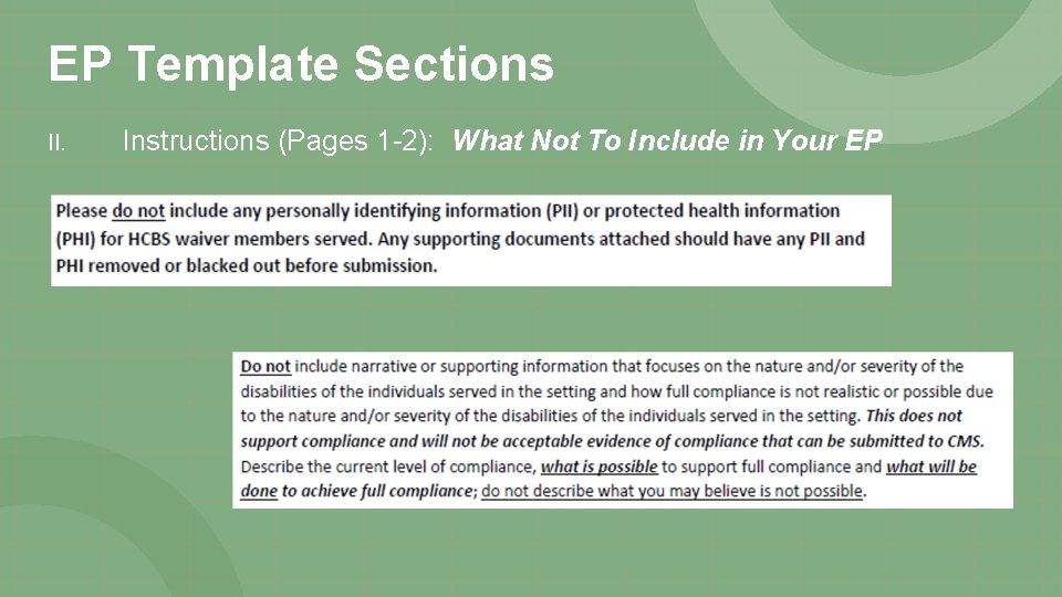 EP Template Sections II. Instructions (Pages 1 -2): What Not To Include in Your