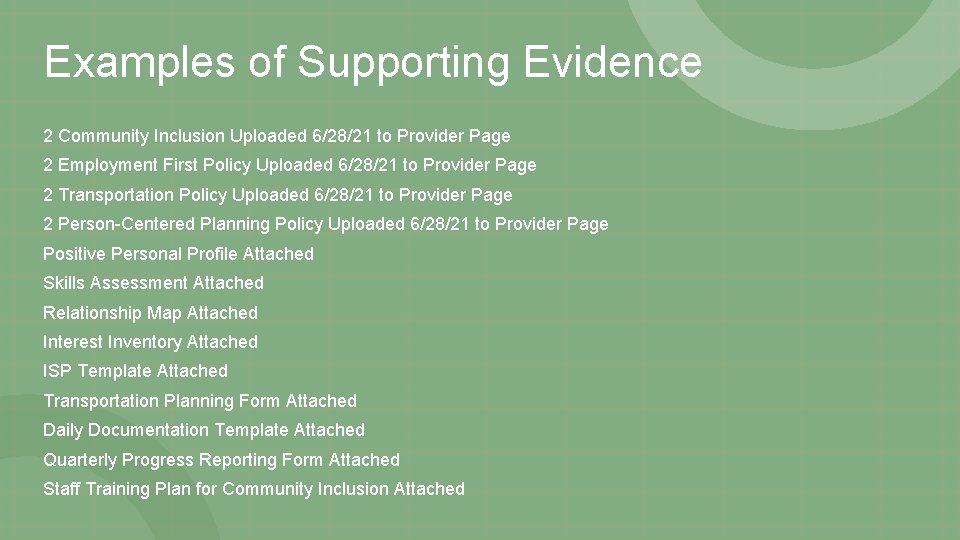 Examples of Supporting Evidence 2 Community Inclusion Uploaded 6/28/21 to Provider Page 2 Employment