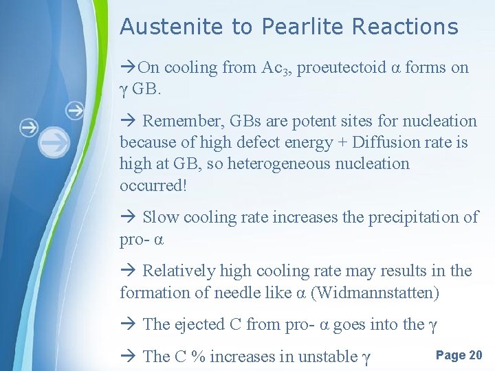 Austenite to Pearlite Reactions On cooling from Ac 3, proeutectoid α forms on γ
