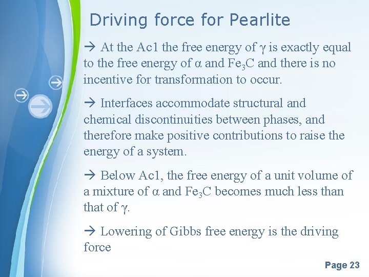 Driving force for Pearlite At the Ac 1 the free energy of γ is