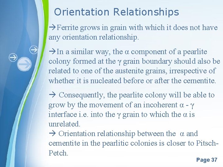 Orientation Relationships Ferrite grows in grain with which it does not have any orientation