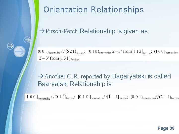 Orientation Relationships Pitsch-Petch Relationship is given as: Another O. R. reported by Bagaryatski is