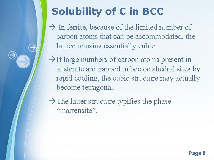 Solubility of C in BCC In ferrite, because of the limited number of carbon