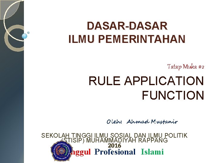 DASAR-DASAR ILMU PEMERINTAHAN Tatap Muka #2 RULE APPLICATION FUNCTION Oleh: Ahmad Mustanir SEKOLAH TINGGI