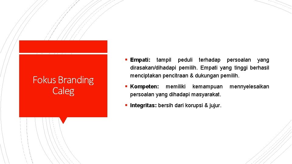 § Empati: Fokus Branding Caleg tampil peduli terhadap persoalan yang dirasakan/dihadapi pemilih. Empati yang