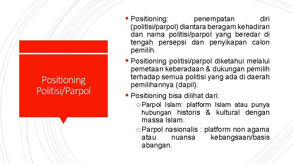 § Positioning: Positioning Politisi/Parpol penempatan diri (politisi/parpol) diantara beragam kehadiran dan nama politisi/parpol yang