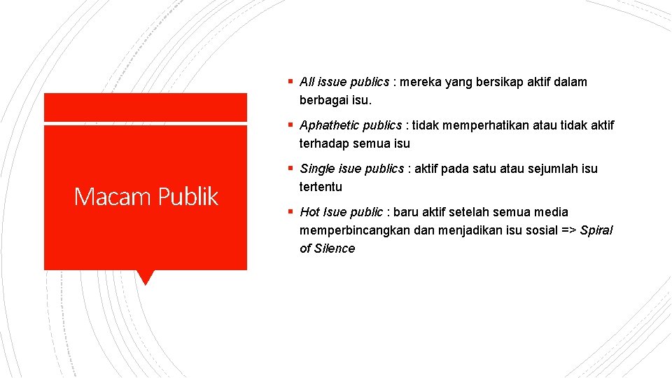 § All issue publics : mereka yang bersikap aktif dalam berbagai isu. § Aphathetic