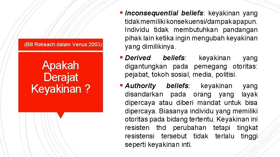 § Inconsequential beliefs: keyakinan yang (Bill Rokeach: dalam Venus: 2003) Apakah Derajat Keyakinan ?