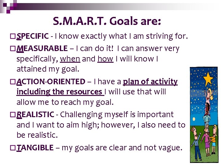 S. M. A. R. T. Goals are: ¨ SPECIFIC - I know exactly what