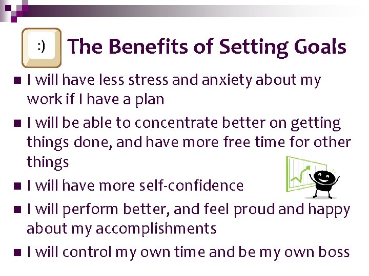 The Benefits of Setting Goals I will have less stress and anxiety about my