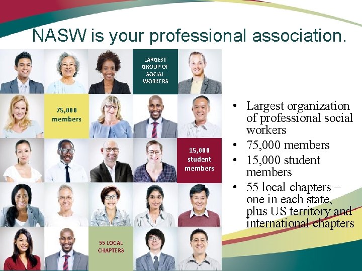 NASW is your professional association. LARGEST GROUP OF SOCIAL WORKERS 75, 000 members 15,