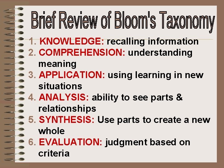 1. KNOWLEDGE: recalling information 2. COMPREHENSION: understanding meaning 3. APPLICATION: using learning in new