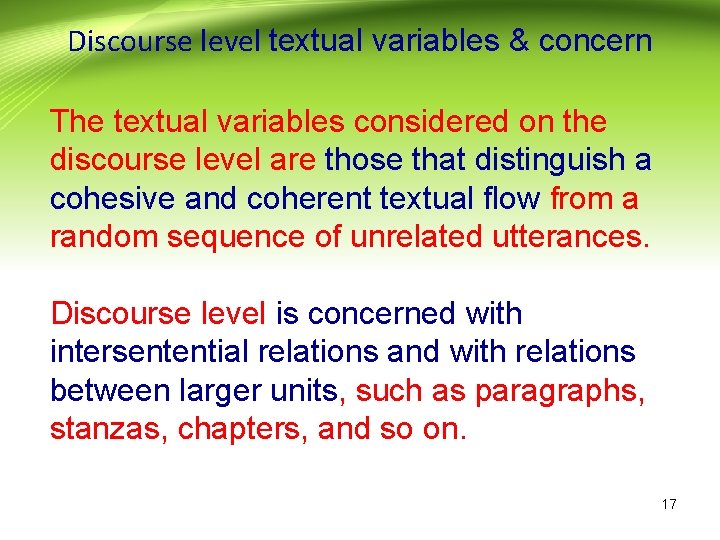 Discourse level textual variables & concern The textual variables considered on the discourse level
