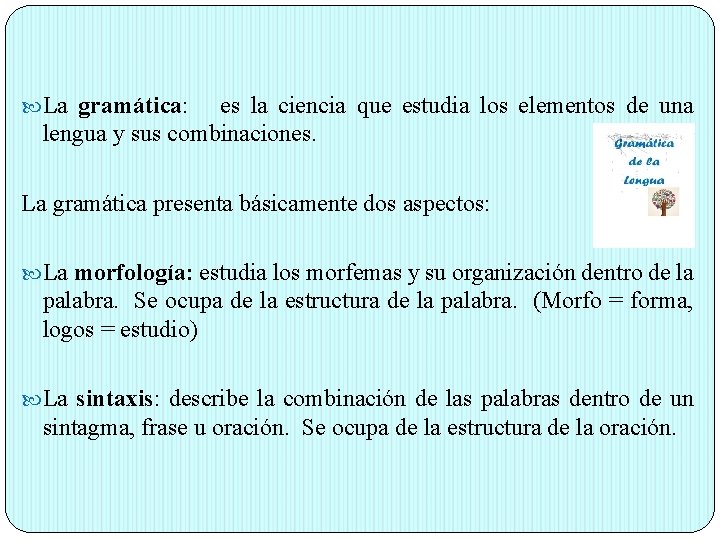  La gramática: es la ciencia que estudia los elementos de una lengua y